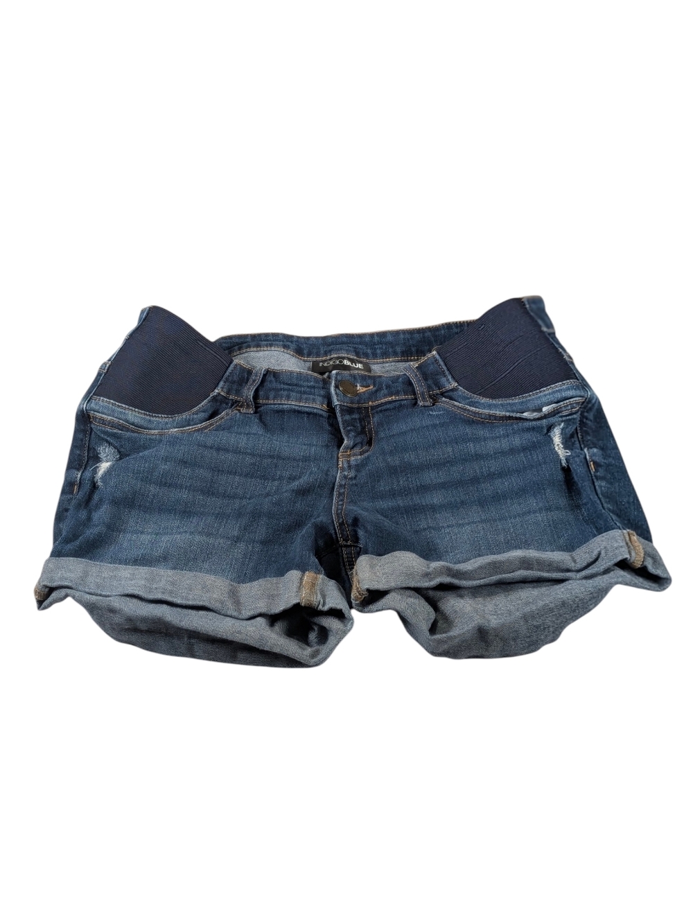 Indigo Blue Denim Cuffed Maternity Jeans Shorts Size Med